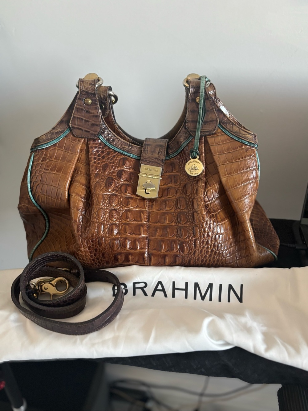 Brahmin Brown Croc-Embossed Shoulder Bag with Turquoise Trim